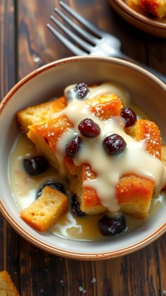 Classic Bread Pudding Dessert Recipe A warm bowl of bread pudding topped with vanilla sauce and powdered sugar, served on a rustic table.